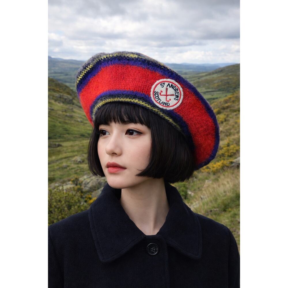 Vintage St Andrews Scotland Wool Beret Hat Red Striped Made UK